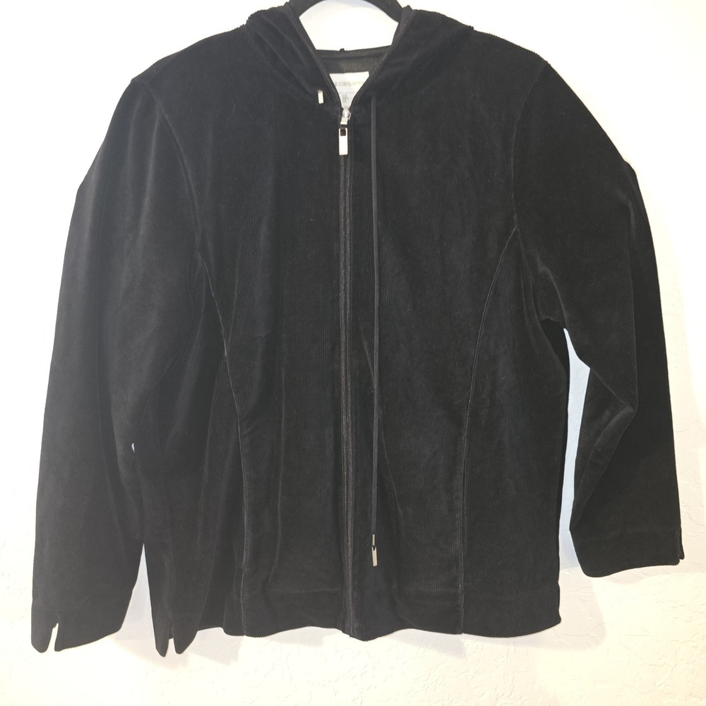 LIZ CLAIBORNE black hooded French rib zipper front drawstring band  jacket sz L